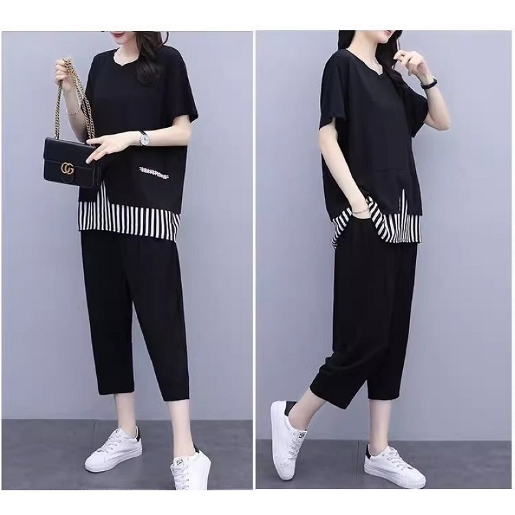 漾貝比【9155437】中大尺碼女裝 下襬拼接直紋上衣+九分褲套裝 (38-50)-細節圖6