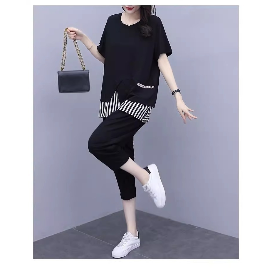 漾貝比【9155437】中大尺碼女裝 下襬拼接直紋上衣+九分褲套裝 (38-50)-細節圖7