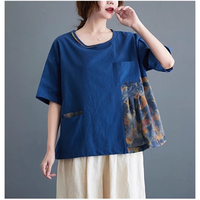 漾貝比【9155438】中大尺碼女裝 圓領拼接花布口袋寬鬆亞麻上衣．共2色 (36-46)-細節圖2