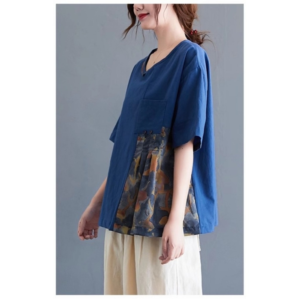 漾貝比【9155438】中大尺碼女裝 圓領拼接花布口袋寬鬆亞麻上衣．共2色 (36-46)-細節圖3