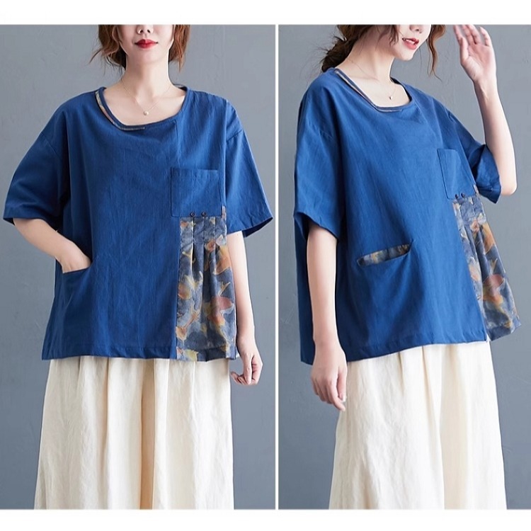 漾貝比【9155438】中大尺碼女裝 圓領拼接花布口袋寬鬆亞麻上衣．共2色 (36-46)-細節圖4