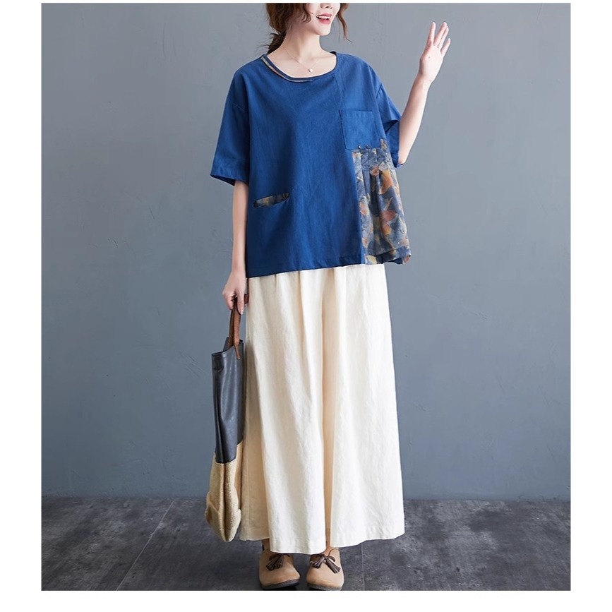 漾貝比【9155438】中大尺碼女裝 圓領拼接花布口袋寬鬆亞麻上衣．共2色 (36-46)-細節圖5