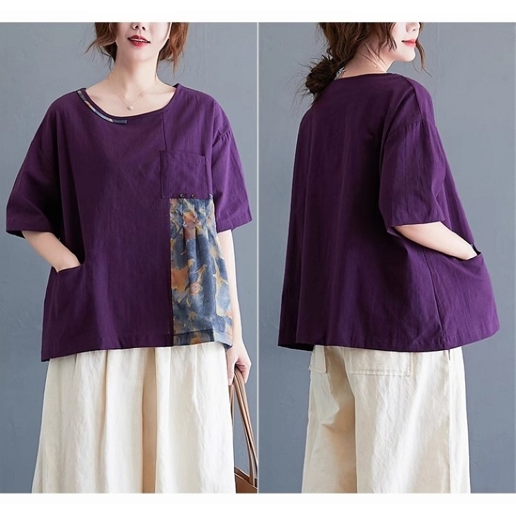 漾貝比【9155438】中大尺碼女裝 圓領拼接花布口袋寬鬆亞麻上衣．共2色 (36-46)-細節圖6