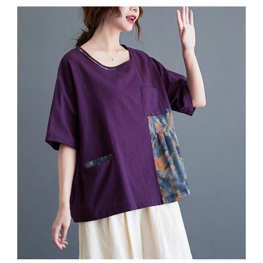 漾貝比【9155438】中大尺碼女裝 圓領拼接花布口袋寬鬆亞麻上衣．共2色 (36-46)-細節圖7