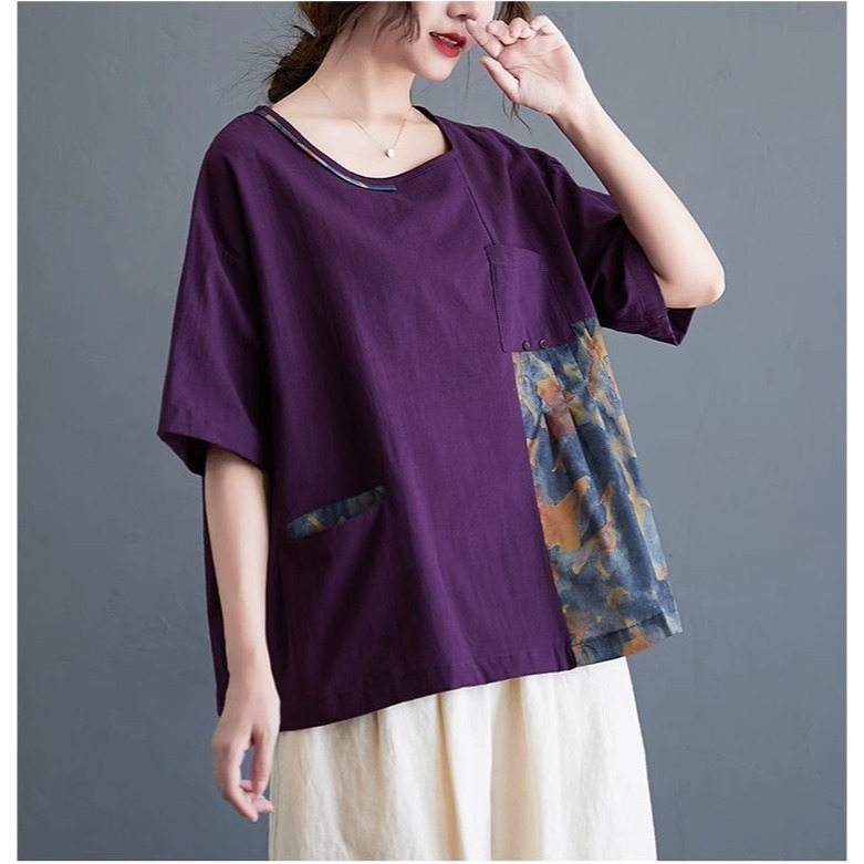 漾貝比【9155438】中大尺碼女裝 圓領拼接花布口袋寬鬆亞麻上衣．共2色 (36-46)-規格圖9