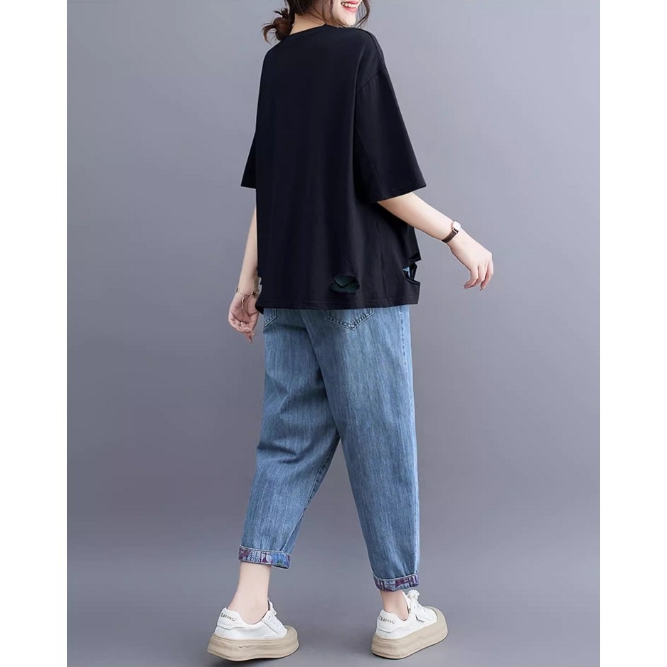 漾貝比【9155441】中大尺碼女裝 MELODY斑駁印花下擺破破棉T．共2色 (38-48)-細節圖4