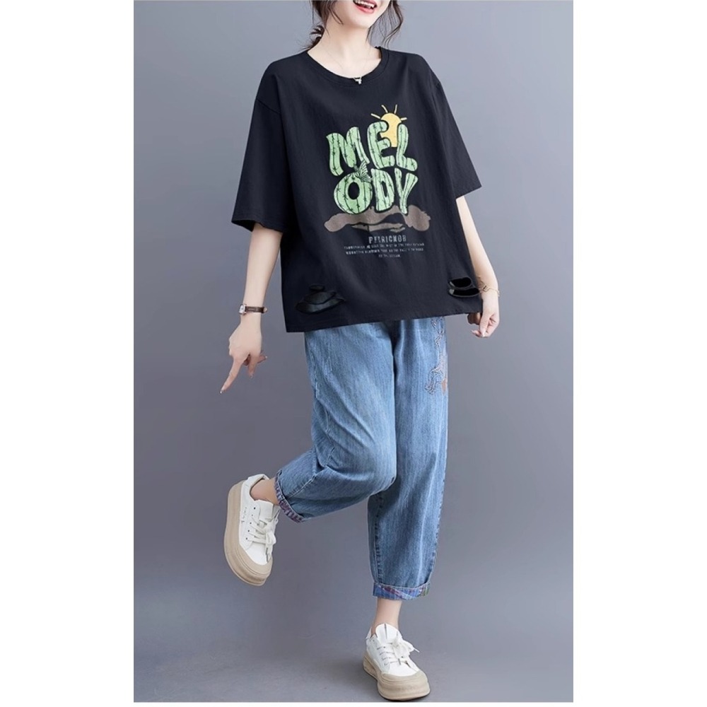 漾貝比【9155441】中大尺碼女裝 MELODY斑駁印花下擺破破棉T．共2色 (38-48)-細節圖5