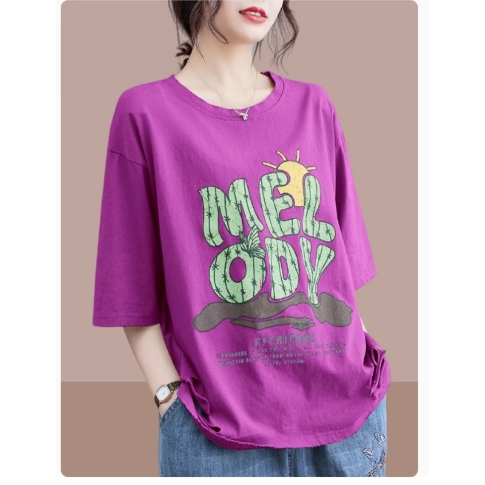 漾貝比【9155441】中大尺碼女裝 MELODY斑駁印花下擺破破棉T．共2色 (38-48)-細節圖6