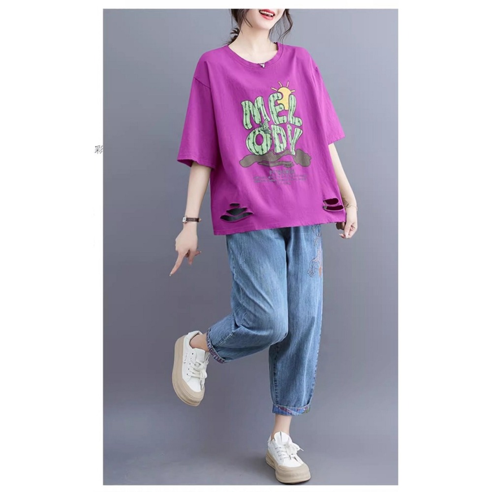 漾貝比【9155441】中大尺碼女裝 MELODY斑駁印花下擺破破棉T．共2色 (38-48)-細節圖7