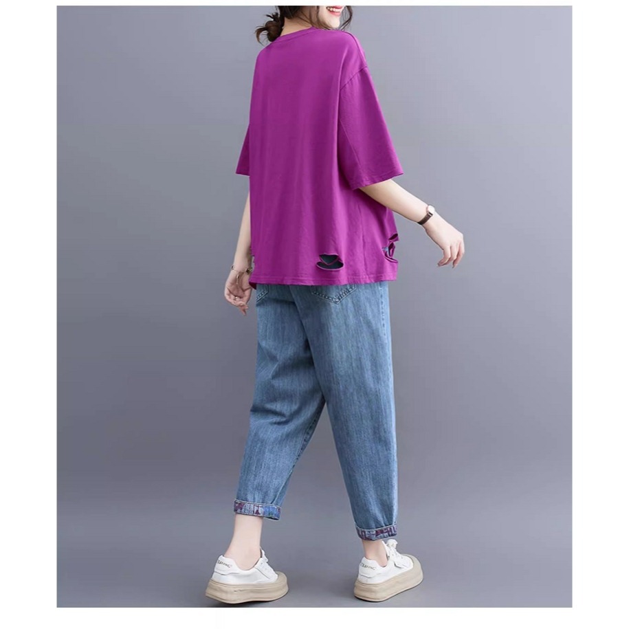 漾貝比【9155441】中大尺碼女裝 MELODY斑駁印花下擺破破棉T．共2色 (38-48)-細節圖8