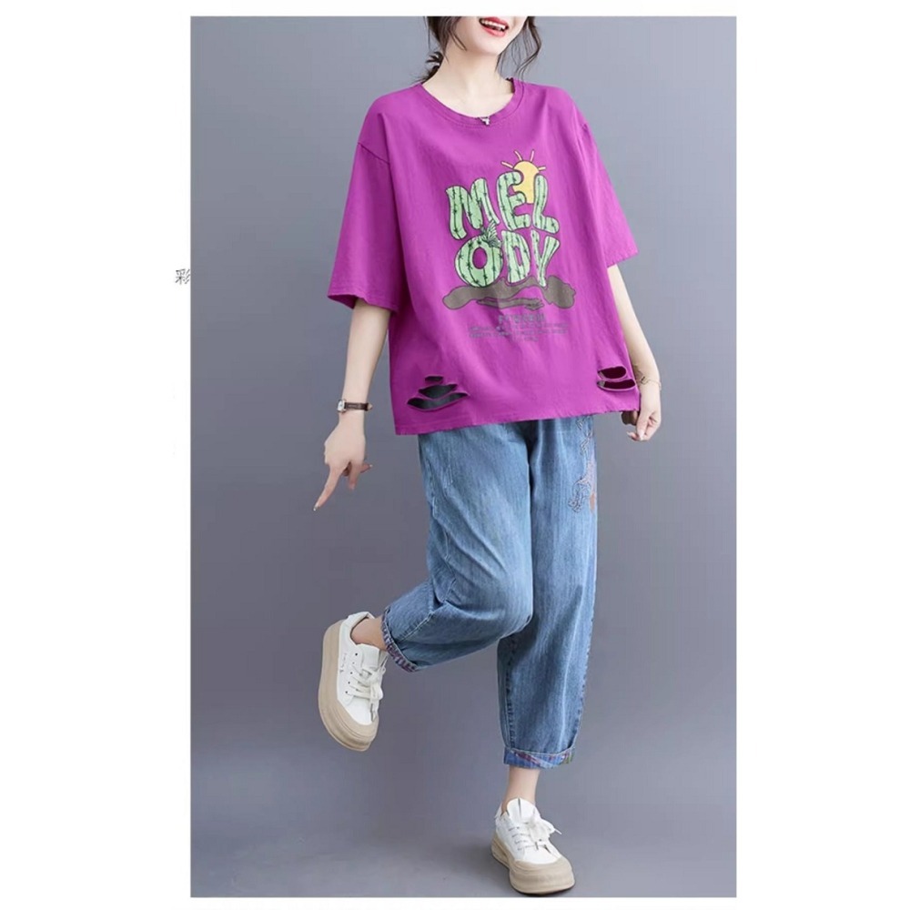漾貝比【9155441】中大尺碼女裝 MELODY斑駁印花下擺破破棉T．共2色 (38-48)-細節圖7