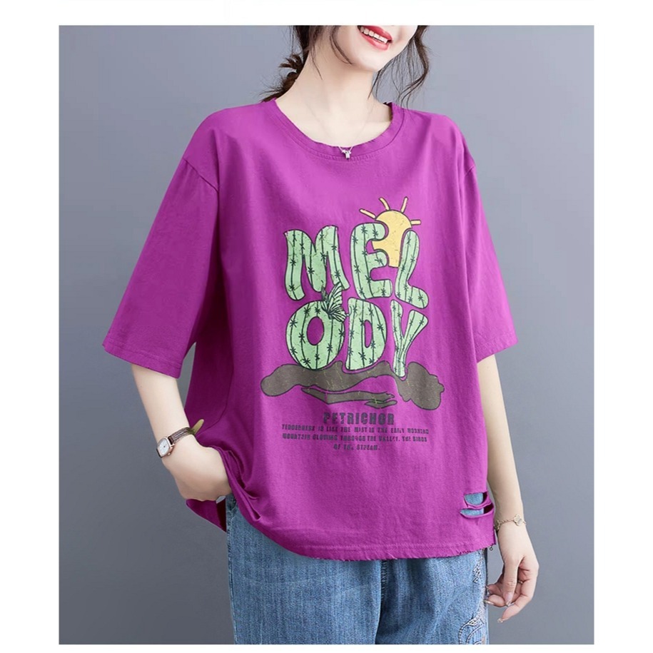 漾貝比【9155441】中大尺碼女裝 MELODY斑駁印花下擺破破棉T．共2色 (38-48)-規格圖9