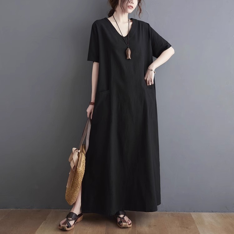 漾貝比【9155447】中大尺碼女裝 寬鬆V領大口袋側開叉長版洋裝 (40-52)-細節圖2