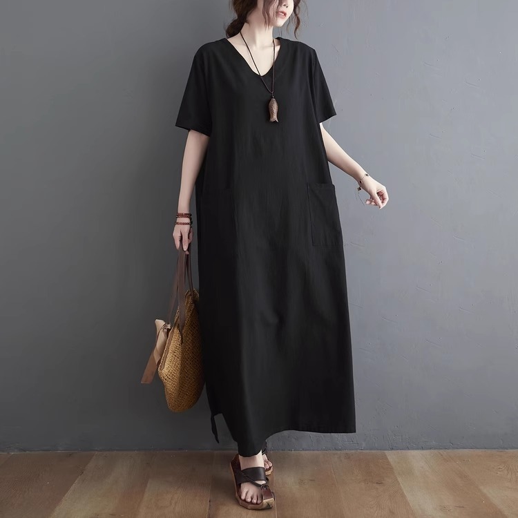 漾貝比【9155447】中大尺碼女裝 寬鬆V領大口袋側開叉長版洋裝 (40-52)-細節圖5