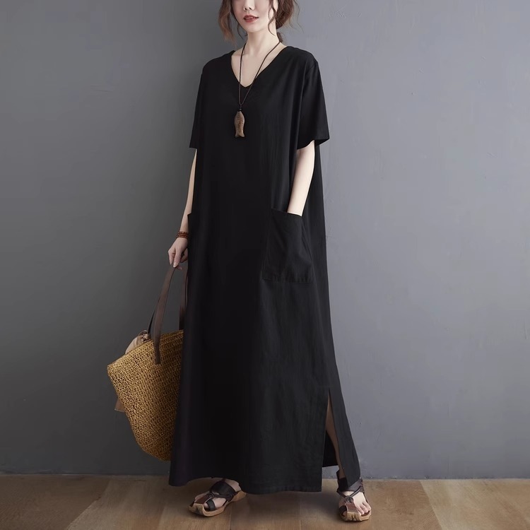 漾貝比【9155447】中大尺碼女裝 寬鬆V領大口袋側開叉長版洋裝 (40-52)-細節圖6