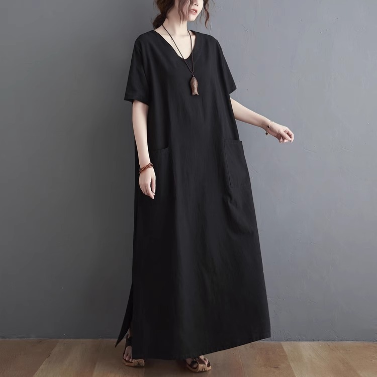 漾貝比【9155447】中大尺碼女裝 寬鬆V領大口袋側開叉長版洋裝 (40-52)-細節圖7