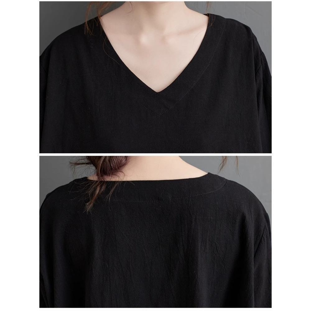 漾貝比【9155447】中大尺碼女裝 寬鬆V領大口袋側開叉長版洋裝 (40-52)-細節圖8