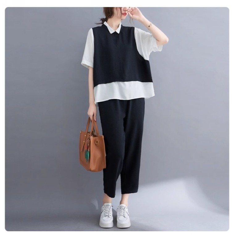 漾貝比【9155448】中大尺碼女裝 襯衫拼接撞色小背心九分褲兩件式套裝 (36-46)-細節圖2