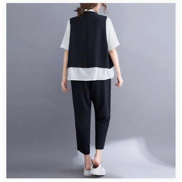 漾貝比【9155448】中大尺碼女裝 襯衫拼接撞色小背心九分褲兩件式套裝 (36-46)-細節圖3