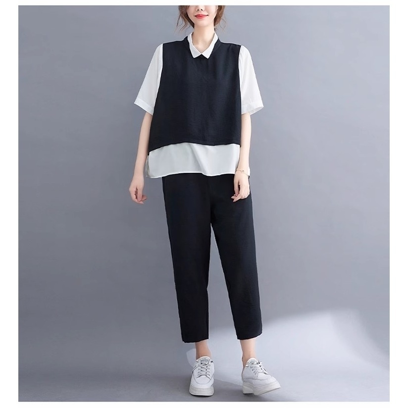 漾貝比【9155448】中大尺碼女裝 襯衫拼接撞色小背心九分褲兩件式套裝 (36-46)-細節圖4