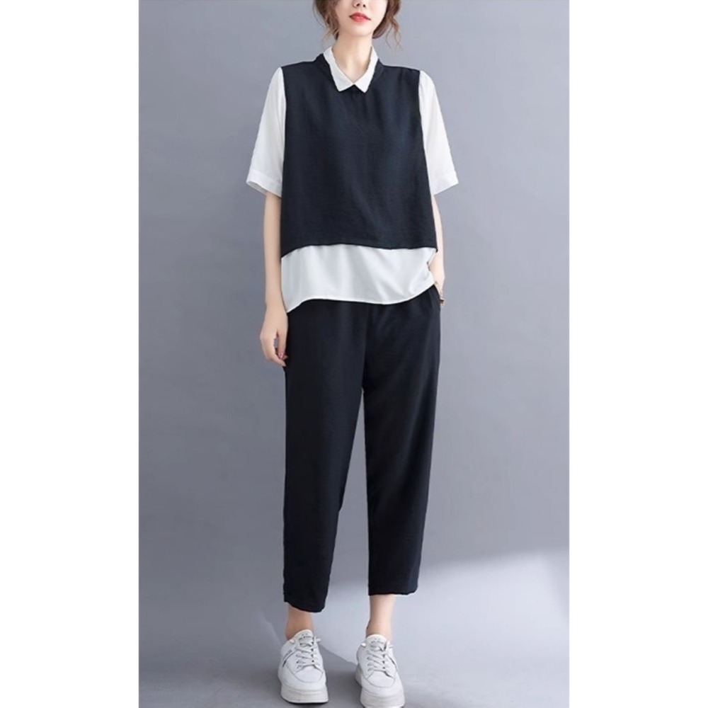 漾貝比【9155448】中大尺碼女裝 襯衫拼接撞色小背心九分褲兩件式套裝 (36-46)-細節圖5