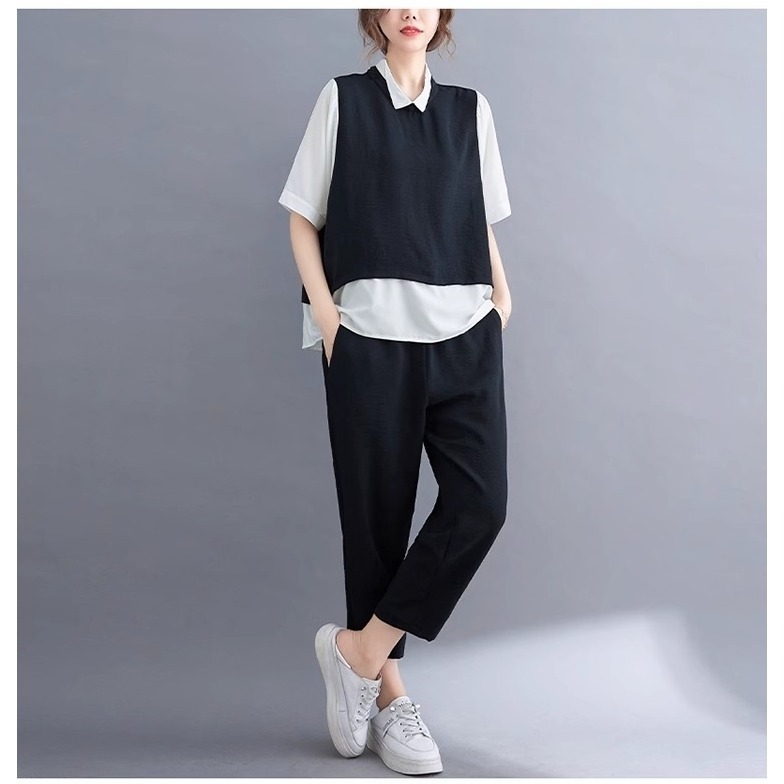 漾貝比【9155448】中大尺碼女裝 襯衫拼接撞色小背心九分褲兩件式套裝 (36-46)-細節圖6