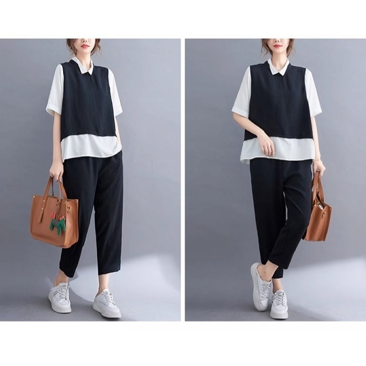 漾貝比【9155448】中大尺碼女裝 襯衫拼接撞色小背心九分褲兩件式套裝 (36-46)-細節圖7