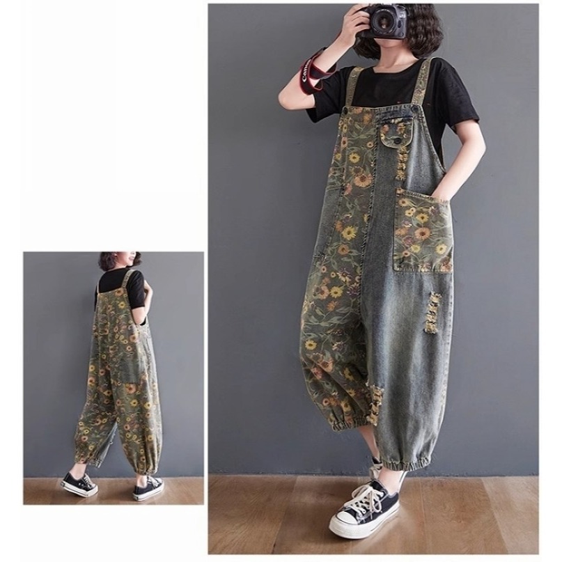 漾貝比【9155471】中大尺碼女裝 清新小雛菊印花大口袋牛仔吊帶褲 (28-40)-細節圖3