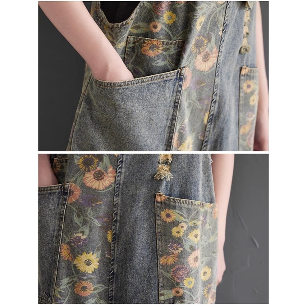 漾貝比【9155471】中大尺碼女裝 清新小雛菊印花大口袋牛仔吊帶褲 (28-40)-細節圖8