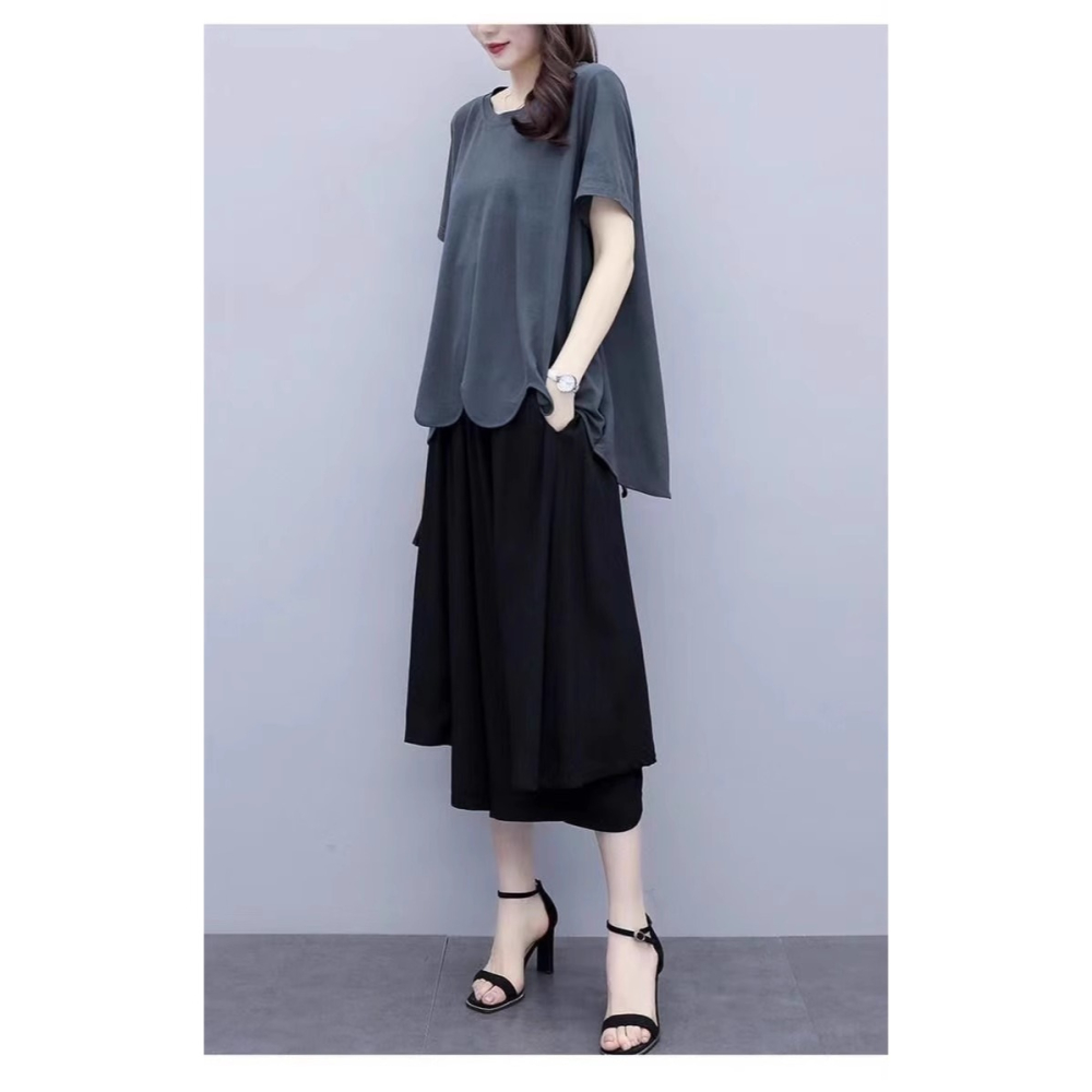 漾貝比【9155474】中大尺碼女裝 灰色圓弧下襬上衣+黑色寬褲兩件式套裝 (36-47)-細節圖5