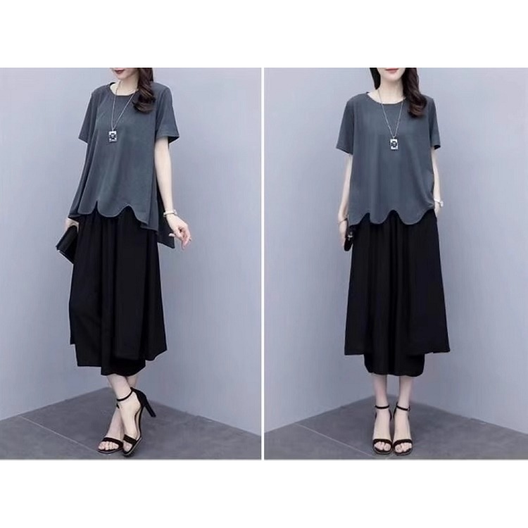 漾貝比【9155474】中大尺碼女裝 灰色圓弧下襬上衣+黑色寬褲兩件式套裝 (36-47)-細節圖6