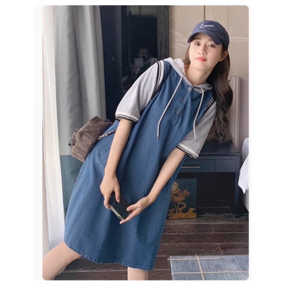 漾貝比【9155476】中大尺碼女裝 灰色連帽牛仔背心裙假兩件式洋裝 (38-54)-細節圖2