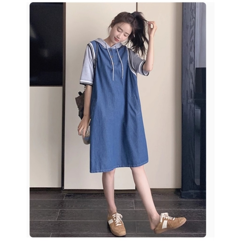 漾貝比【9155476】中大尺碼女裝 灰色連帽牛仔背心裙假兩件式洋裝 (38-54)-細節圖3