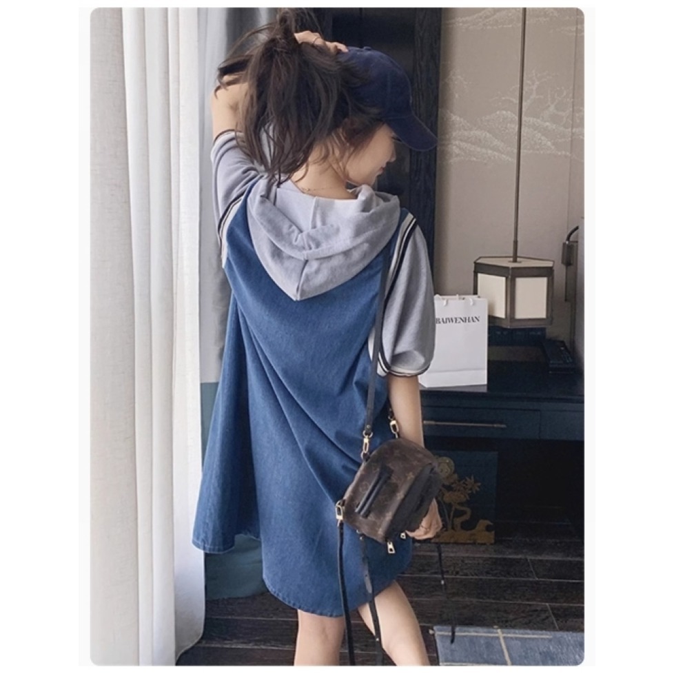 漾貝比【9155476】中大尺碼女裝 灰色連帽牛仔背心裙假兩件式洋裝 (38-54)-細節圖4