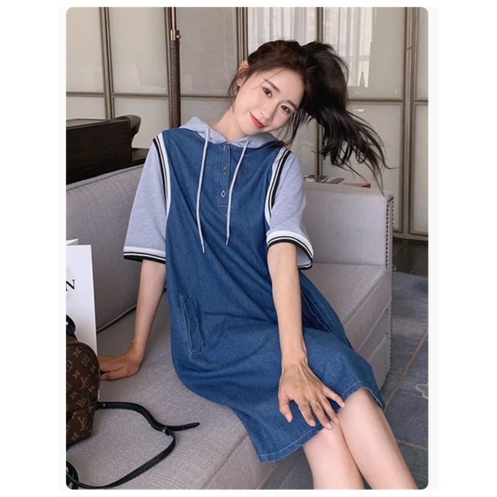 漾貝比【9155476】中大尺碼女裝 灰色連帽牛仔背心裙假兩件式洋裝 (38-54)-細節圖5