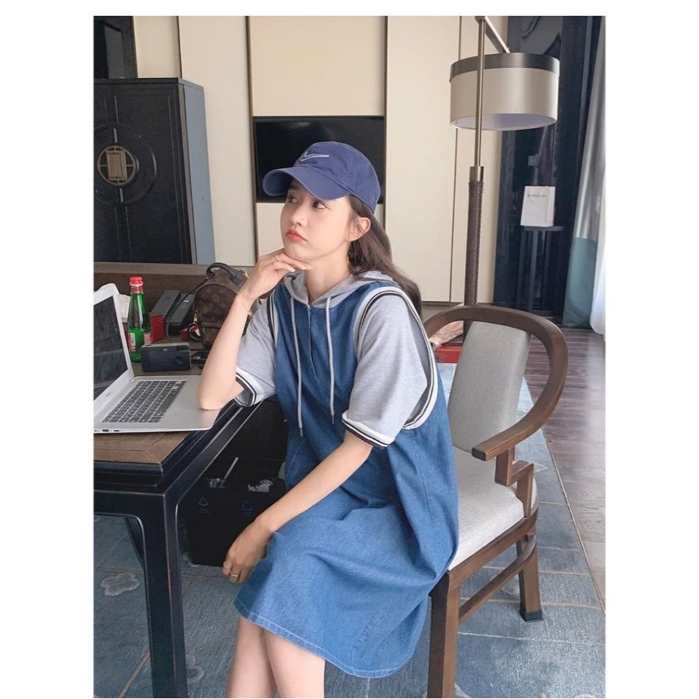 漾貝比【9155476】中大尺碼女裝 灰色連帽牛仔背心裙假兩件式洋裝 (38-54)-細節圖9