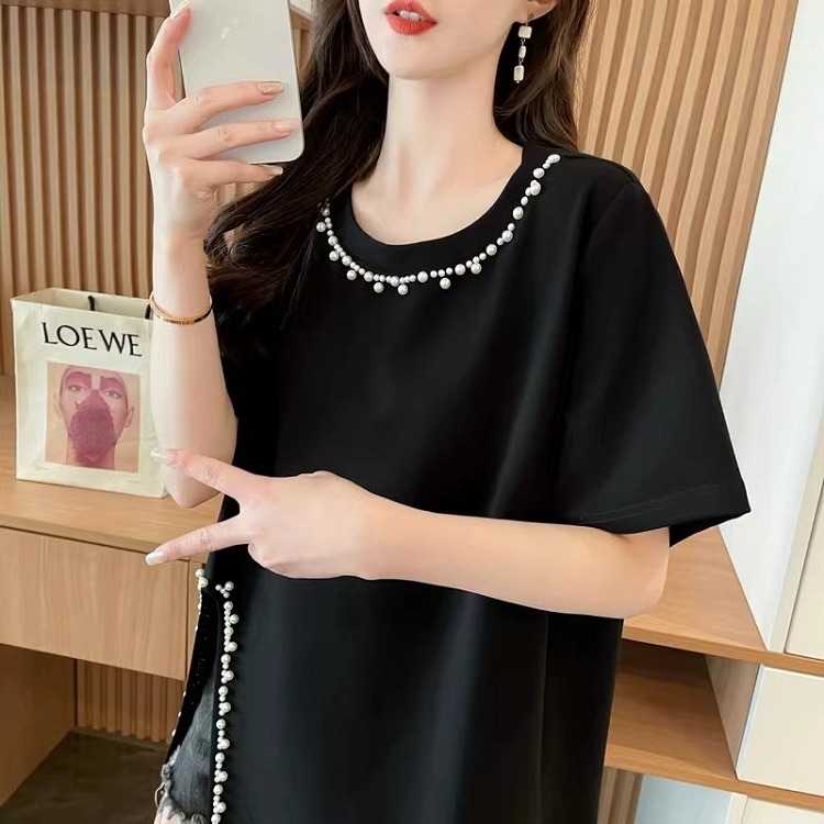 漾貝比【9155478】中大尺碼女裝 珍珠圓領下開叉優雅造型上衣 (36-48)-細節圖4