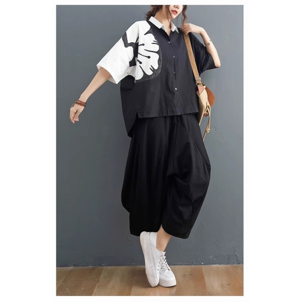 漾貝比【9155481】中大尺碼女裝 撞色大花襯衫+哈倫褲套裝 (40-50)-細節圖2