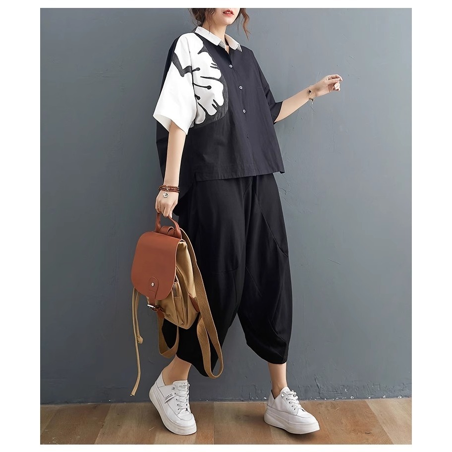 漾貝比【9155481】中大尺碼女裝 撞色大花襯衫+哈倫褲套裝 (40-50)-細節圖3