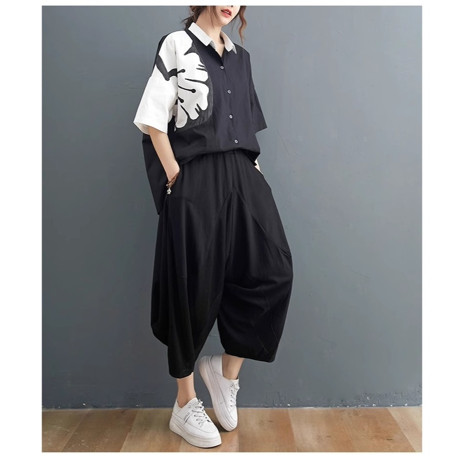 漾貝比【9155481】中大尺碼女裝 撞色大花襯衫+哈倫褲套裝 (40-50)-細節圖4