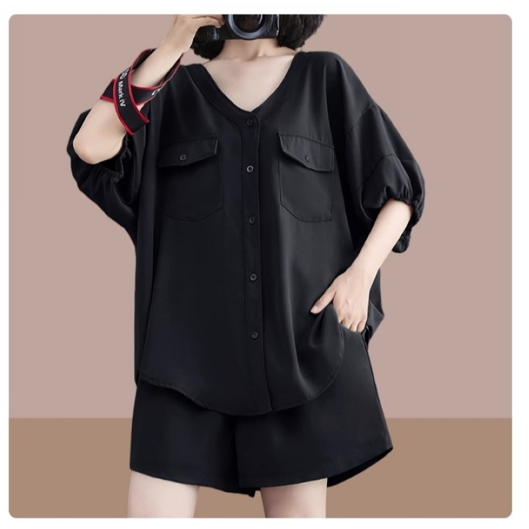 漾貝比【9155483】中大尺碼女裝 V領雙口袋上衣+鬆緊短褲兩件式套裝 (36-50)-細節圖2