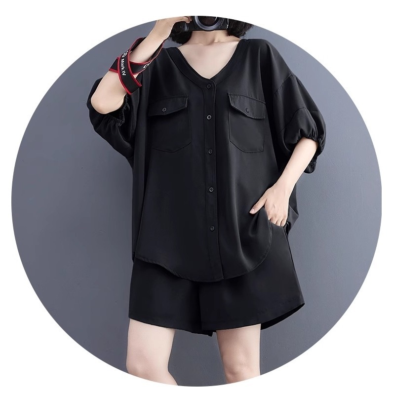 漾貝比【9155483】中大尺碼女裝 V領雙口袋上衣+鬆緊短褲兩件式套裝 (36-50)-細節圖5