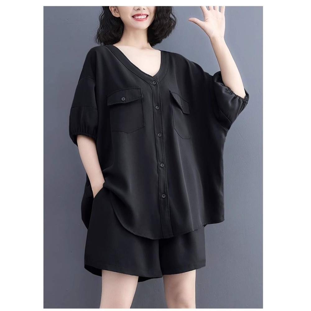 漾貝比【9155483】中大尺碼女裝 V領雙口袋上衣+鬆緊短褲兩件式套裝 (36-50)-細節圖6