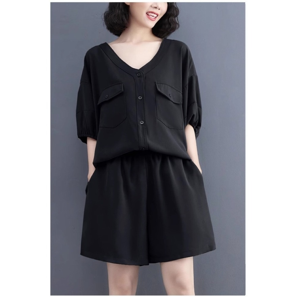 漾貝比【9155483】中大尺碼女裝 V領雙口袋上衣+鬆緊短褲兩件式套裝 (36-50)-細節圖7