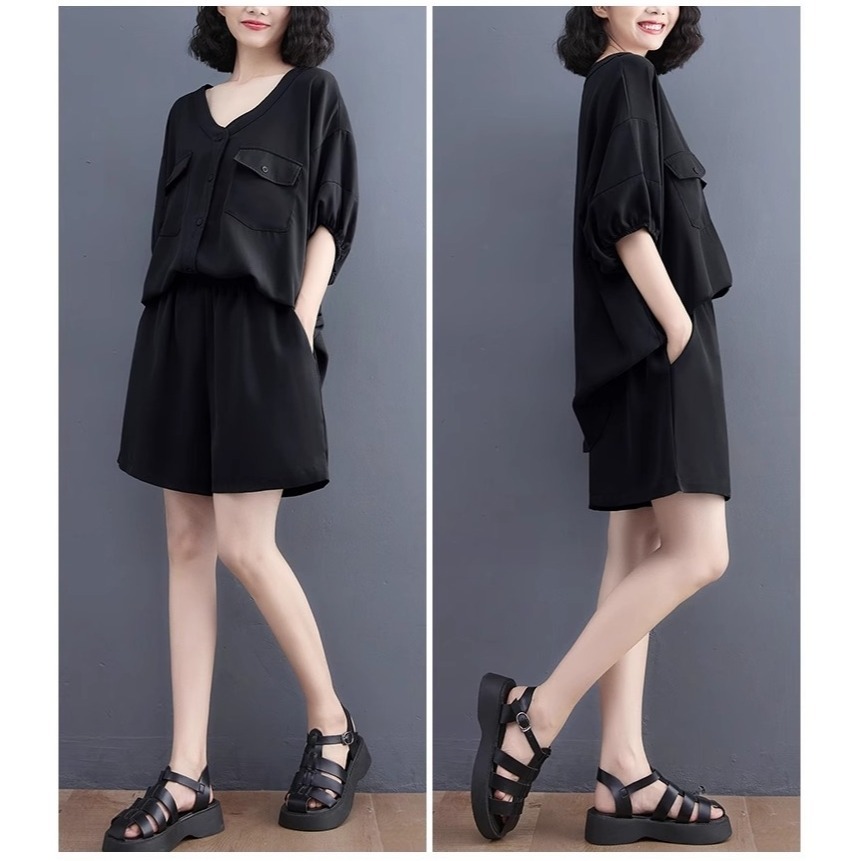 漾貝比【9155483】中大尺碼女裝 V領雙口袋上衣+鬆緊短褲兩件式套裝 (36-50)-細節圖8