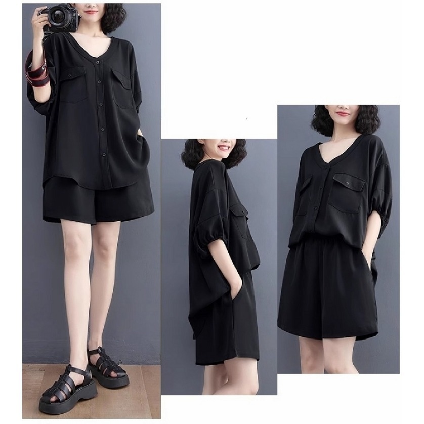 漾貝比【9155483】中大尺碼女裝 V領雙口袋上衣+鬆緊短褲兩件式套裝 (36-50)-細節圖3