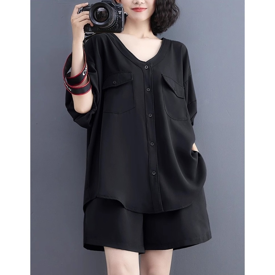 漾貝比【9155483】中大尺碼女裝 V領雙口袋上衣+鬆緊短褲兩件式套裝 (36-50)-細節圖4