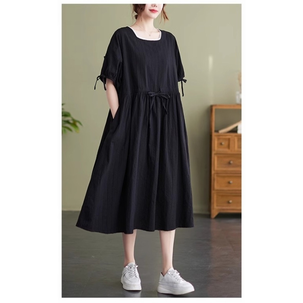 漾貝比【9155484】中大尺碼女裝 白色小花邊方領綁帶洋裝 (36-47)-細節圖4