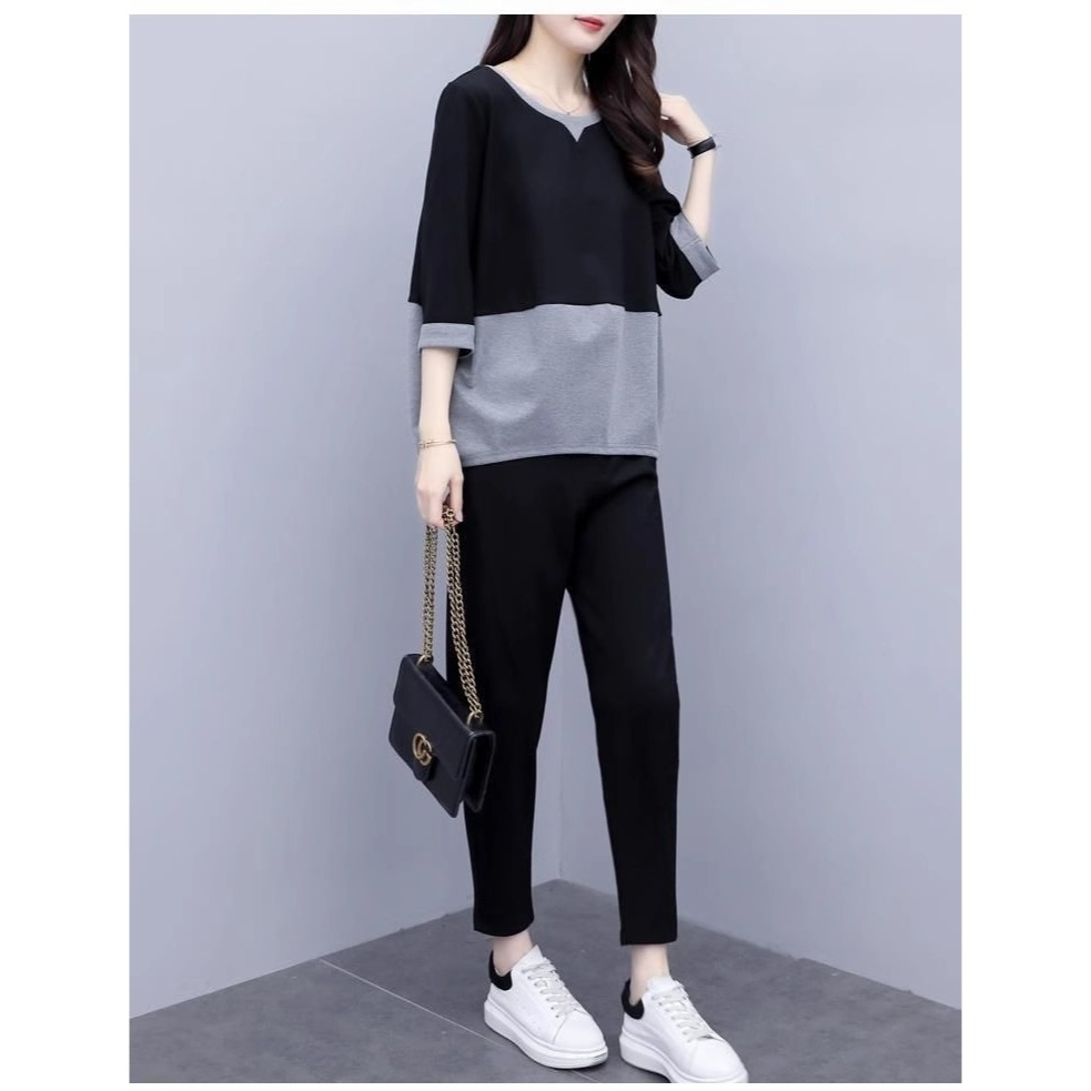 漾貝比【9155486】中大尺碼女裝 上黑下灰連袖上衣九分褲兩件式套裝 (38-50)-細節圖3