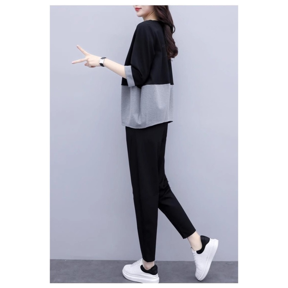 漾貝比【9155486】中大尺碼女裝 上黑下灰連袖上衣九分褲兩件式套裝 (38-50)-細節圖7